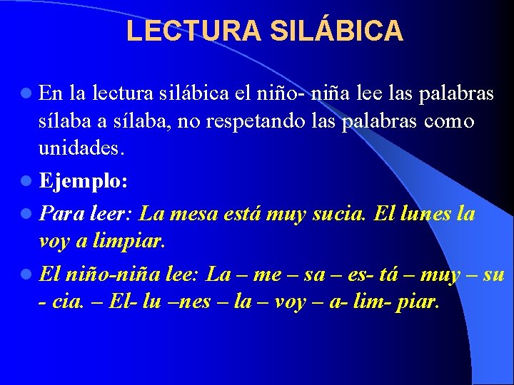 LECTURA SILÁBICA l En la lectura silábica el niño- niña lee las palabras sílaba