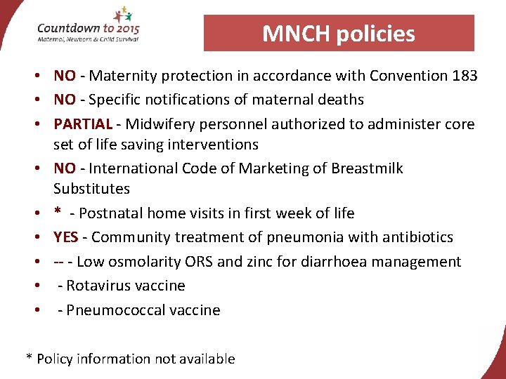 MNCH policies • NO - Maternity protection in accordance with Convention 183 • NO