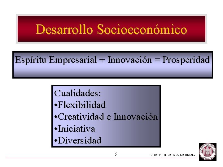Desarrollo Socioeconómico Espíritu Empresarial + Innovación = Prosperidad Cualidades: • Flexibilidad • Creatividad e