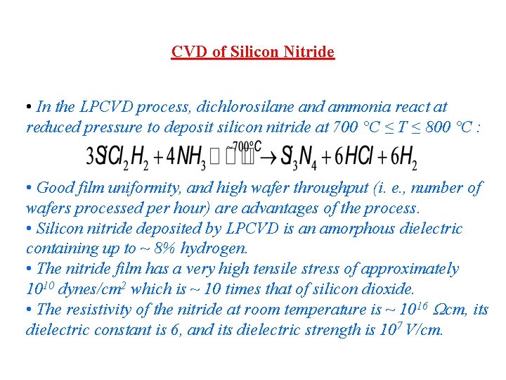 CVD of Silicon Nitride • In the LPCVD process, dichlorosilane and ammonia react at