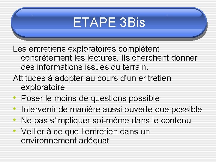 ETAPE 3 Bis Les entretiens exploratoires complètent concrètement les lectures. Ils cherchent donner des