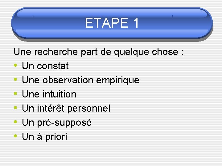 ETAPE 1 Une recherche part de quelque chose : • Un constat • Une