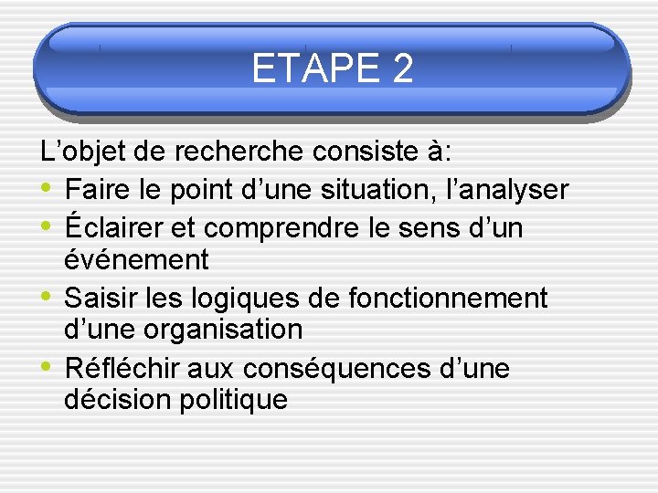 ETAPE 2 L’objet de recherche consiste à: • Faire le point d’une situation, l’analyser