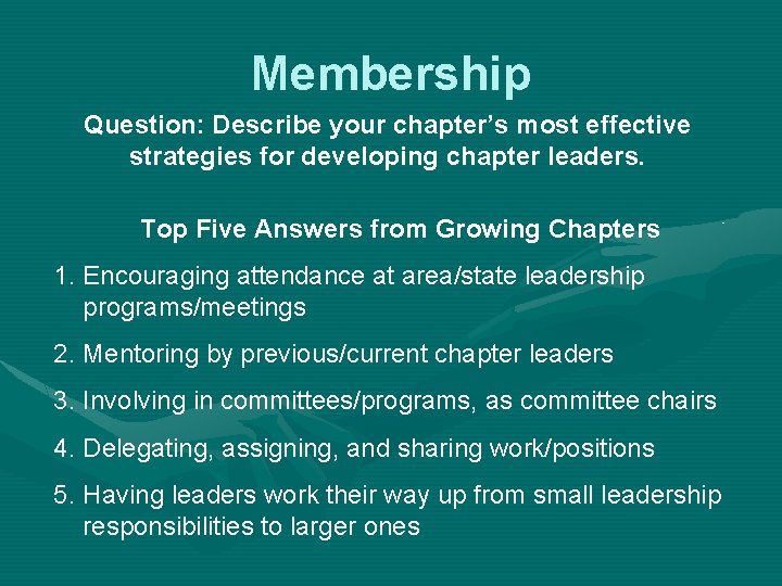 Membership Question: Describe your chapter’s most effective strategies for developing chapter leaders. Top Five