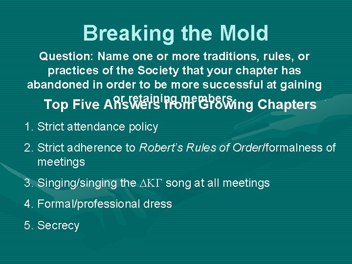 Breaking the Mold Question: Name one or more traditions, rules, or practices of the