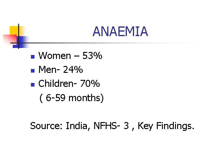 ANAEMIA n n n Women – 53% Men- 24% Children- 70% ( 6 -59