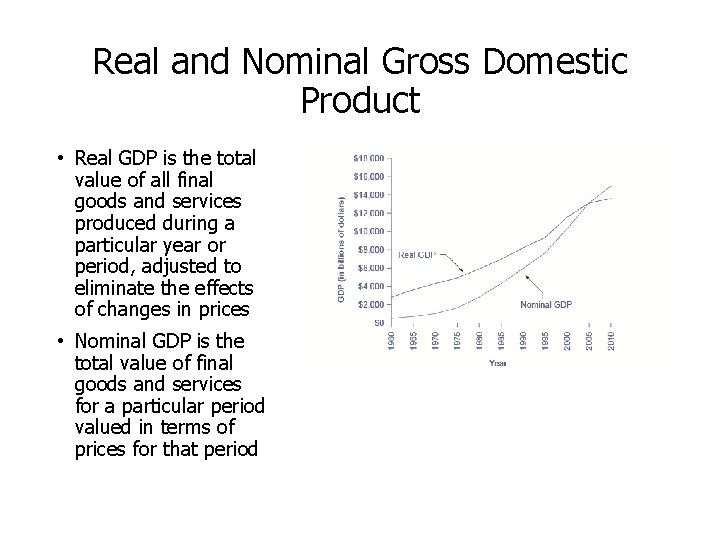 Real and Nominal Gross Domestic Product • Real GDP is the total value of