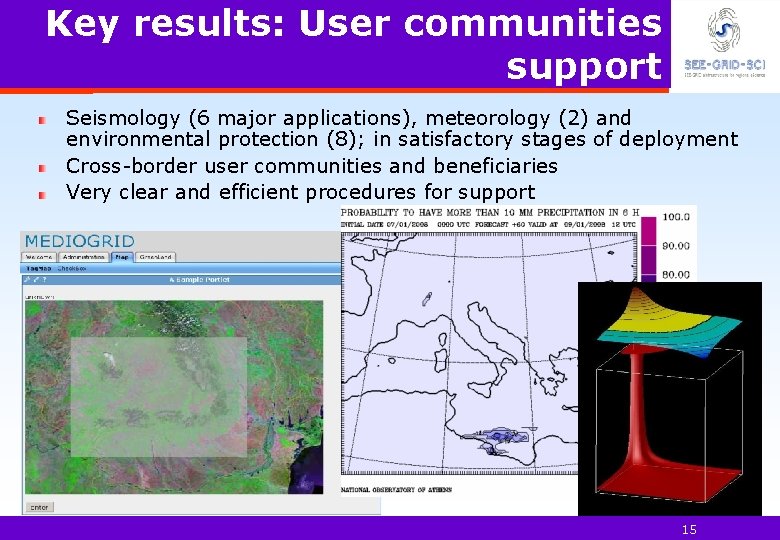 Key results: User communities support Seismology (6 major applications), meteorology (2) and environmental protection