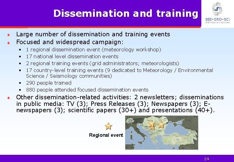 Dissemination and training Large number of dissemination and training events Focused and widespread campaign: