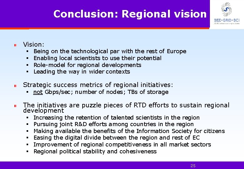 Conclusion: Regional vision Vision: § § Being on the technological par with the rest