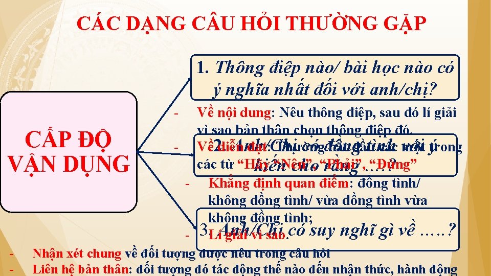 CÁC DẠNG C U HỎI THƯỜNG GẶP 1. Thông điệp nào/ bài học nào