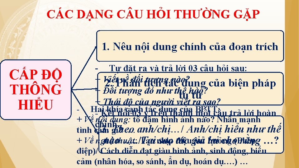 CÁC DẠNG C U HỎI THƯỜNG GẶP 1. Nêu nội dung chính của đoạn