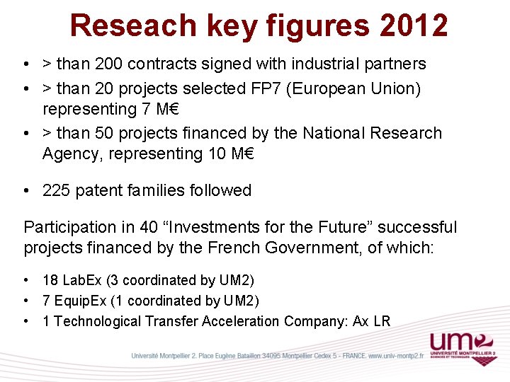 Reseach key figures 2012 • > than 200 contracts signed with industrial partners •