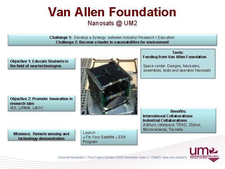Van Allen Foundation Nanosats @ UM 2 Challenge 1: Develop a Synergy between Industry/