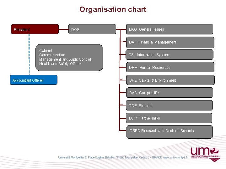 Organisation chart President DGS DAG General issues DAF Financial Management Cabinet Communication Management and