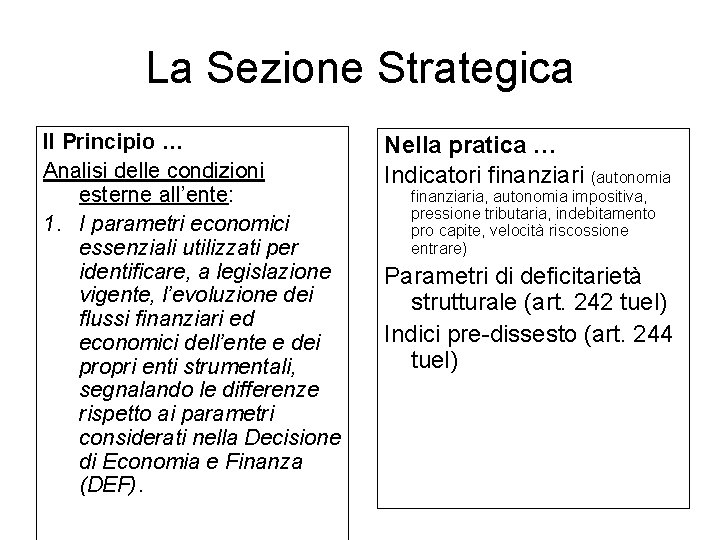 La Sezione Strategica Il Principio … Analisi delle condizioni esterne all’ente: 1. I parametri