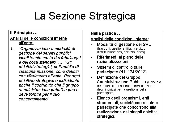 La Sezione Strategica Il Principio … Analisi delle condizioni interne all’ente: 1. “Organizzazione e