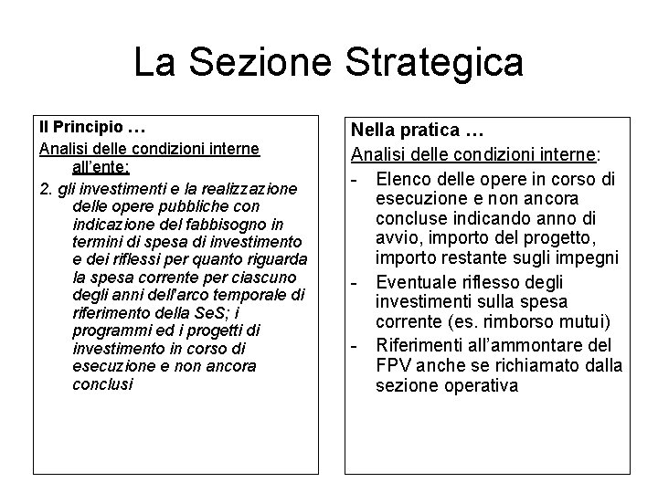 La Sezione Strategica Il Principio … Analisi delle condizioni interne all’ente: 2. gli investimenti