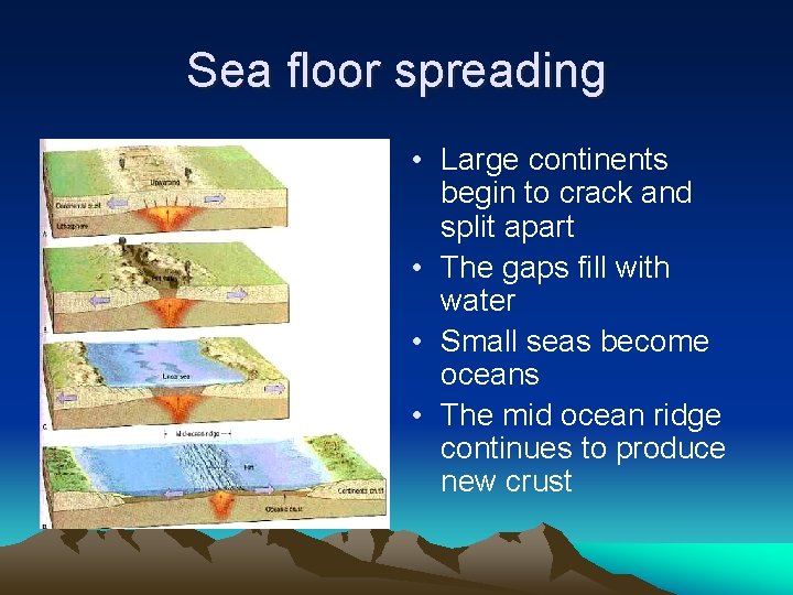 Sea floor spreading • Large continents begin to crack and split apart • The