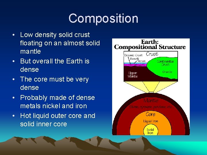 Composition • Low density solid crust floating on an almost solid mantle • But