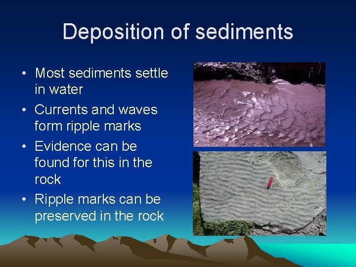 Deposition of sediments • Most sediments settle in water • Currents and waves form
