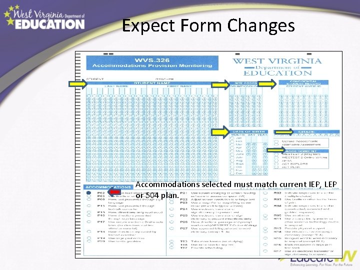 Expect Form Changes Accommodations selected must match current IEP, LEP or 504 plan. 