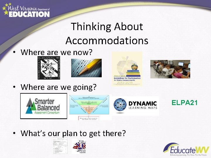 Thinking About Accommodations • Where are we now? • Where are we going? ELPA