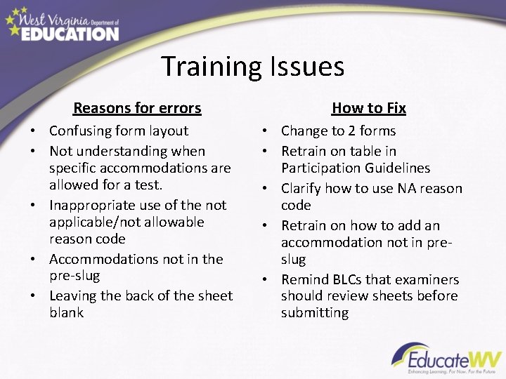 Training Issues Reasons for errors • Confusing form layout • Not understanding when specific