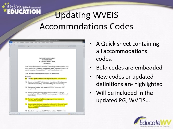 Updating WVEIS Accommodations Codes • A Quick sheet containing all accommodations codes. • Bold