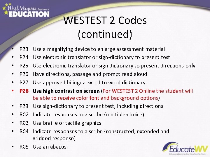 WESTEST 2 Codes (continued) • • • P 23 P 24 P 25 P