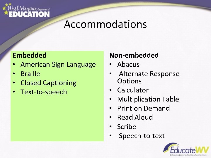 Accommodations Embedded • American Sign Language • Braille • Closed Captioning • Text-to-speech Non-embedded