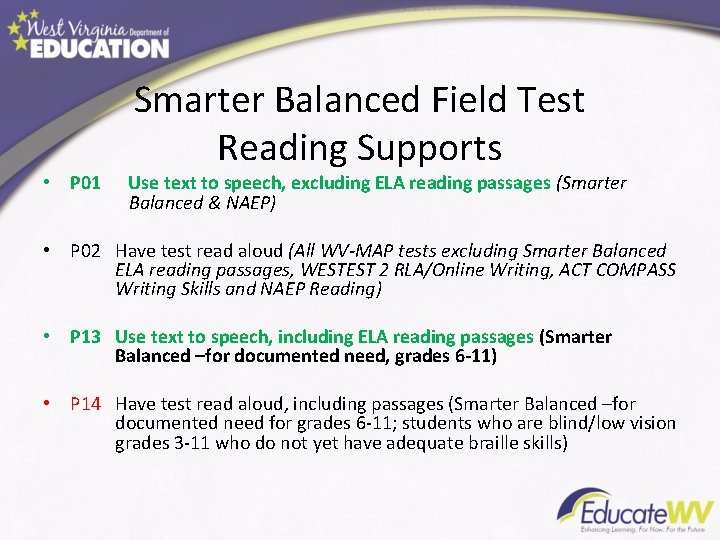  • P 01 Smarter Balanced Field Test Reading Supports Use text to speech,