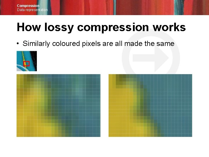 Compression Data representation How lossy compression works • Similarly coloured pixels are all made