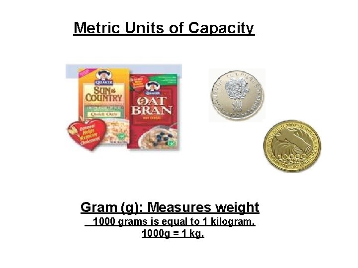 Metric Units of Capacity Gram (g): Measures weight 1000 grams is equal to 1