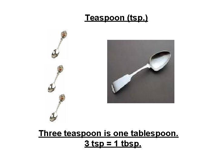 Teaspoon (tsp. ) Three teaspoon is one tablespoon. 3 tsp = 1 tbsp. 