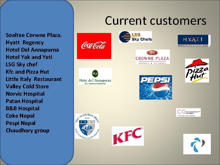 Current customers Soaltee Corwne Plaza. Hyatt Regency Hotel Del Annapurna Hotel Yak and Yeti