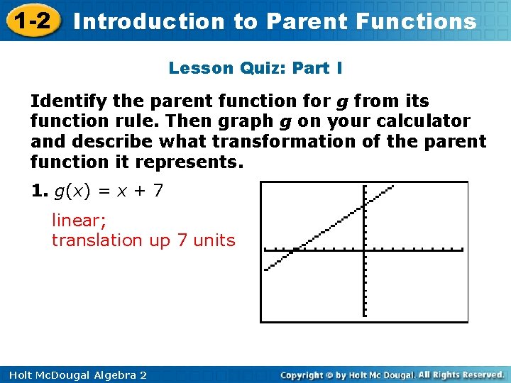 1 -2 Introduction to Parent Functions Lesson Quiz: Part I Identify the parent function