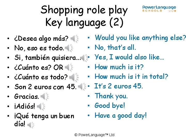 Shopping role play Key language (2) • • • ¿Desea algo más? No, eso