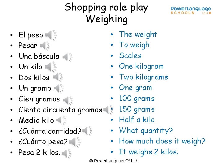 Shopping role play Weighing • • • El peso Pesar Una báscula Un kilo