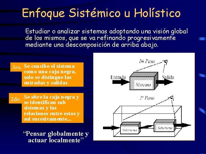 Enfoque Sistémico u Holístico Estudiar o analizar sistemas adoptando una visión global de los