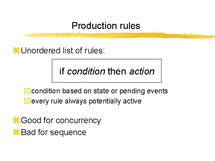Production rules z Unordered list of rules: if condition then action ycondition based on