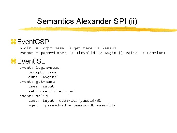 Semantics Alexander SPI (ii) z Event. CSP Login = login-mess -> get-name -> Passwd