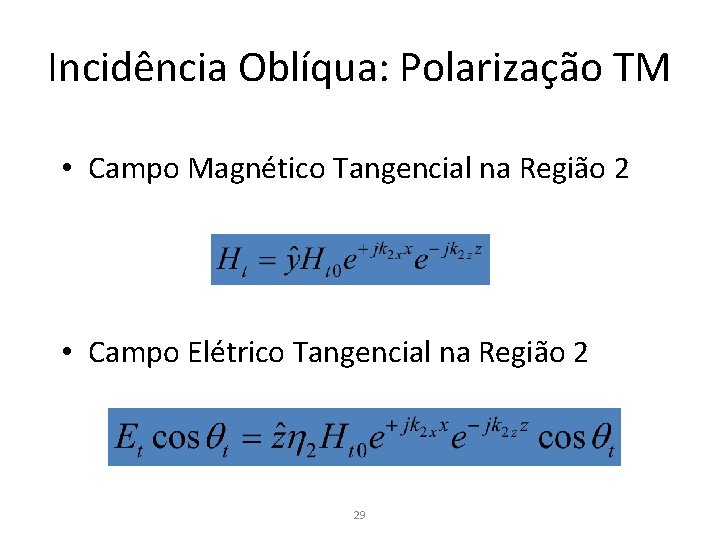 Incidência Oblíqua: Polarização TM • Campo Magnético Tangencial na Região 2 • Campo Elétrico