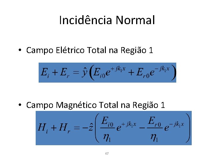 Incidência Normal • Campo Elétrico Total na Região 1 • Campo Magnético Total na
