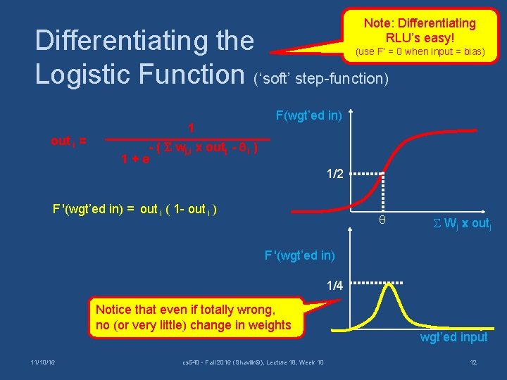 Note: Differentiating RLU’s easy! Differentiating the Logistic Function (‘soft’ step-function) (use F’ = 0