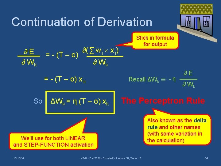 Continuation of Derivation ∂E ∂ Wk = - (T – o) ∂( ∑ w