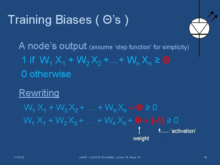 Training Biases ( Θ’s ) A node’s output (assume ‘step function’ for simplicity) 1