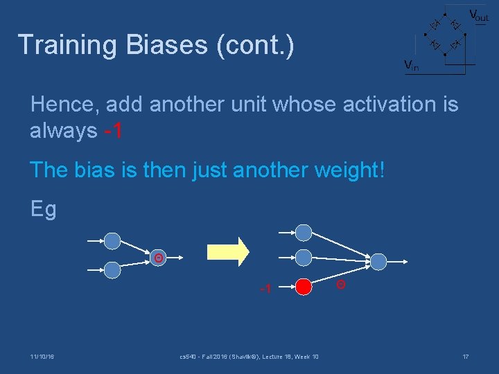 Training Biases (cont. ) Hence, add another unit whose activation is always -1 The