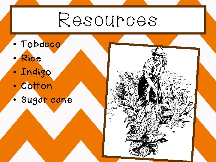 Resources • • • Tobacco Rice Indigo Cotton Sugar cane 