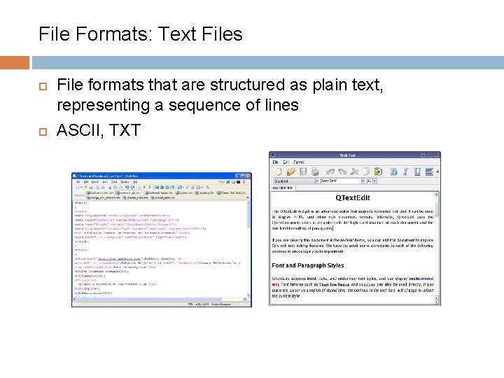 File Formats: Text Files File formats that are structured as plain text, representing a